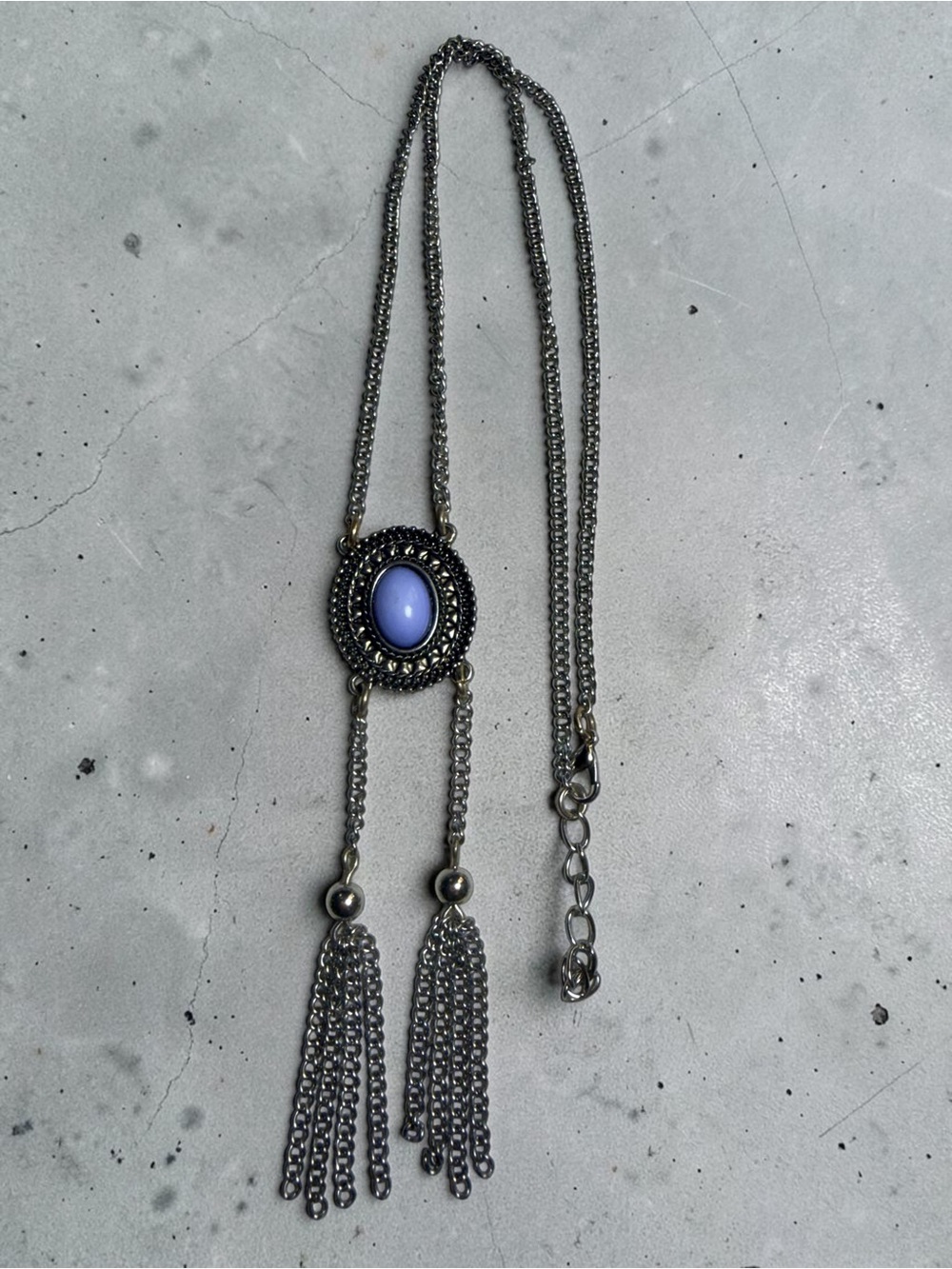 Silver-Tone Necklace with Lavender Oval Stone and Tassel Details